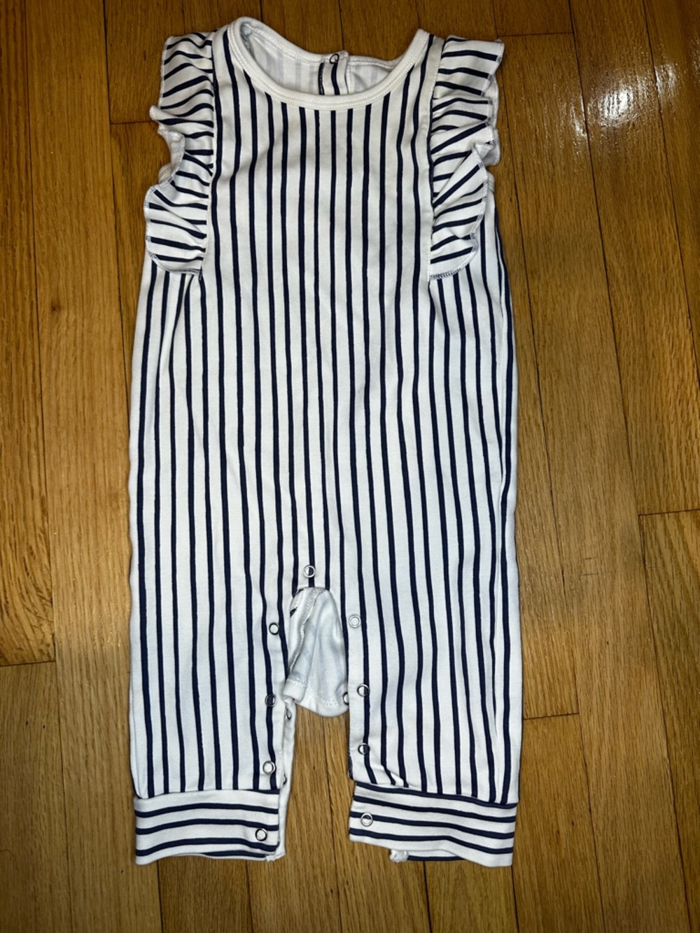 Pehr 12-18M Striped Navy & Cream Baby Romper with Ruffle Sleeves